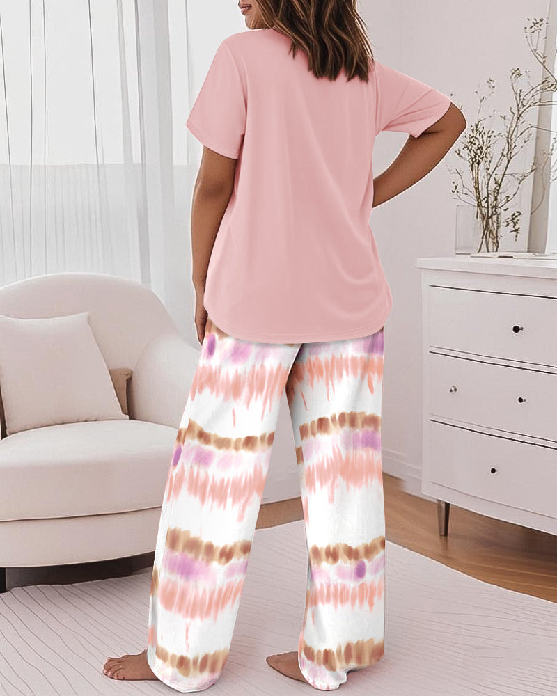 Letter Print Tee and Tie-Dye Pants Cozy Pajama Set