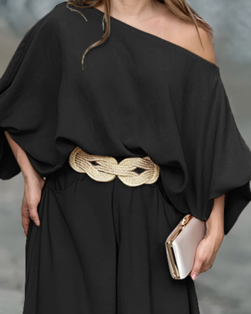 Lantern Sleeve Top and Wide Leg Pants Set with Zipper
