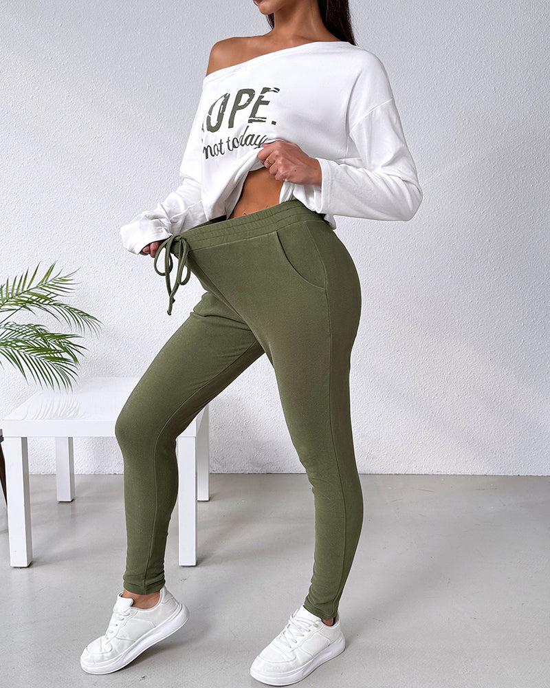 "Nope. Not Today" Asymmetric Neckline Top and Fitted Pants Set