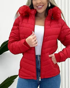 Fuzzy Trim Hooded Puffer Jacket with Shirred Zipper Pockets