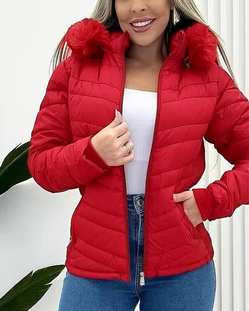 Fuzzy Trim Hooded Puffer Jacket with Shirred Zipper Pockets