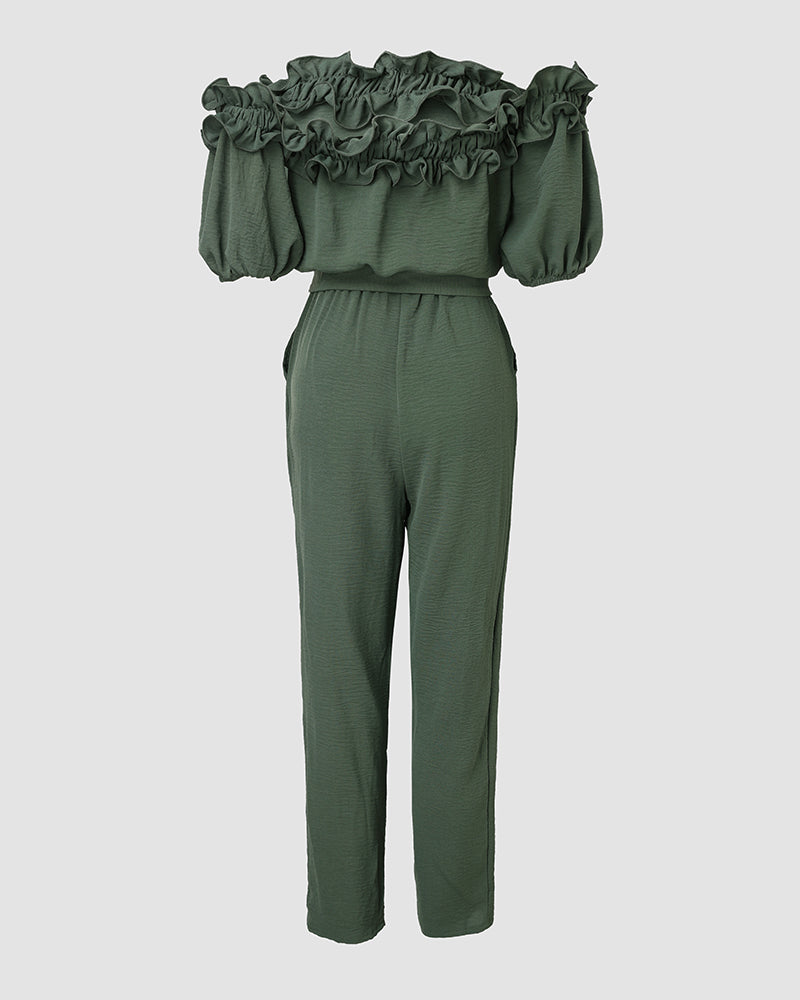 Off-Shoulder Frill Trim Textured Jumpsuit with Tie Waist