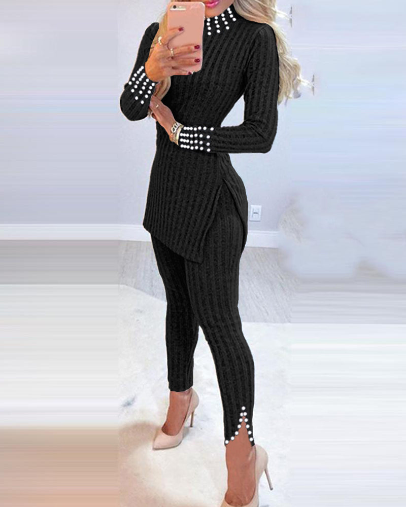 2-Piece Knit Top with Beaded Long Sleeves and Skinny Pants