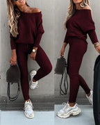 Skew Neck Pullover with High-Waist Drawstring Pants Set
