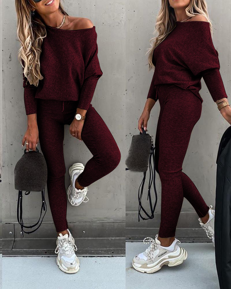 Skew Neck Pullover with High-Waist Drawstring Pants Set