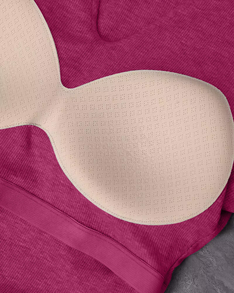Rib Knit Notch Neck Long Sleeve Top with Built-In Bra