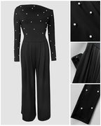 Pearl-Adorned Asymmetrical Neck Ruched Jumpsuit with Cinched Waist