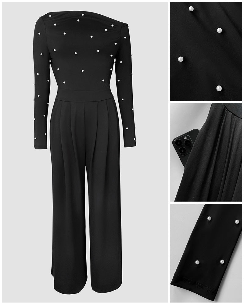 Pearl-Adorned Asymmetrical Neck Ruched Jumpsuit with Cinched Waist