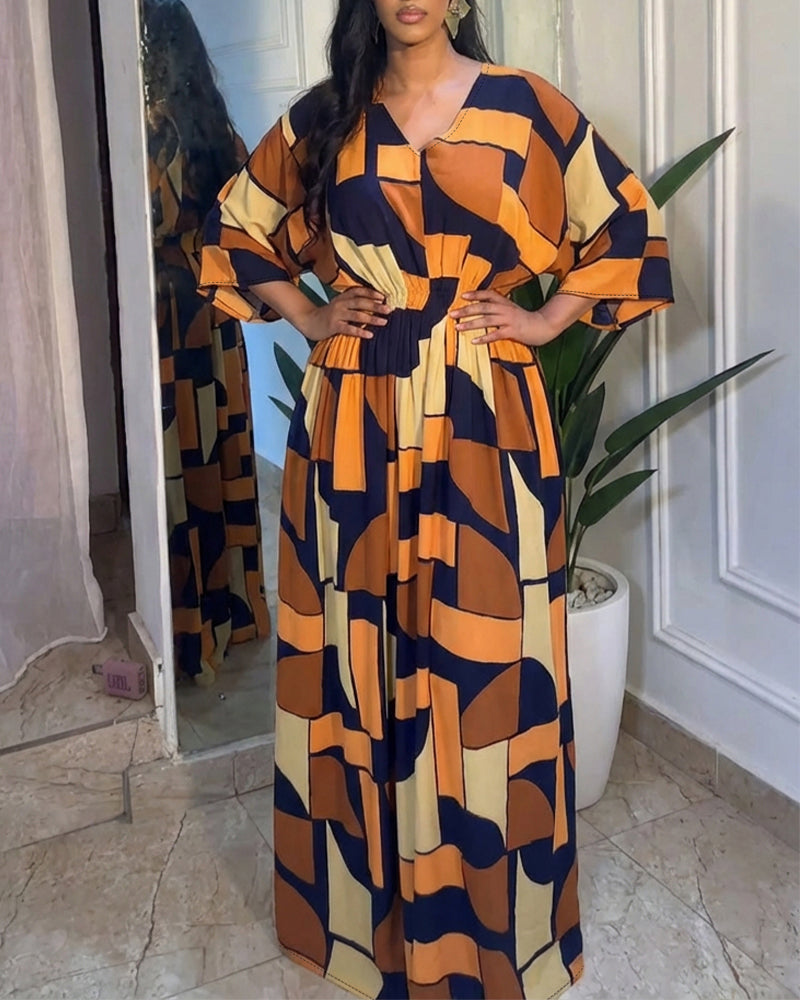 Geometric Colorblock V-Neck Batwing Waist-Cinched Jumpsuit