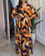 Geometric Colorblock V-Neck Batwing Waist-Cinched Jumpsuit