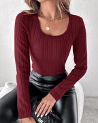 Fleece-Lined U-Neck Long Sleeve Ribbed Thermal Tee, No Padding