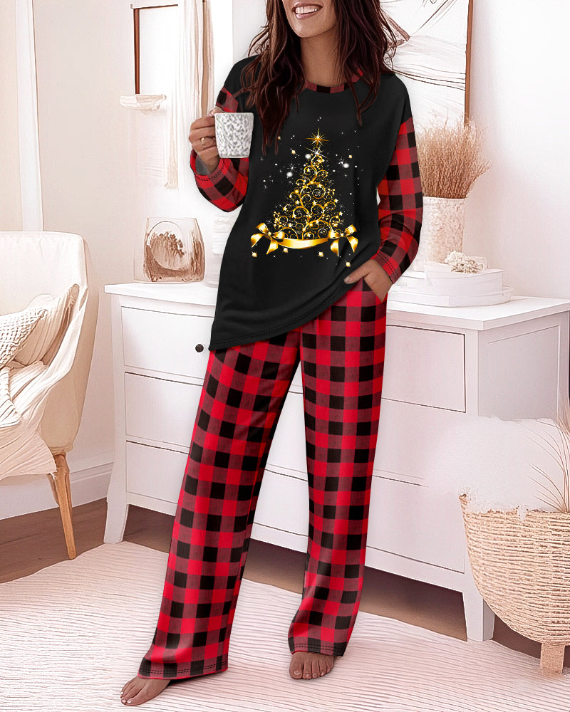 Plaid and Christmas Tree Print Long Sleeve Pajama Set