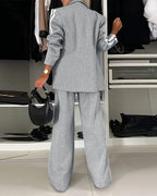 Striped Notched Collar Blazer with Coordinating Wide Leg Pants Set