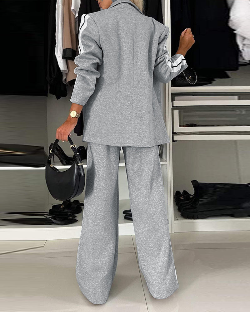 Striped Notched Collar Blazer with Coordinating Wide Leg Pants Set