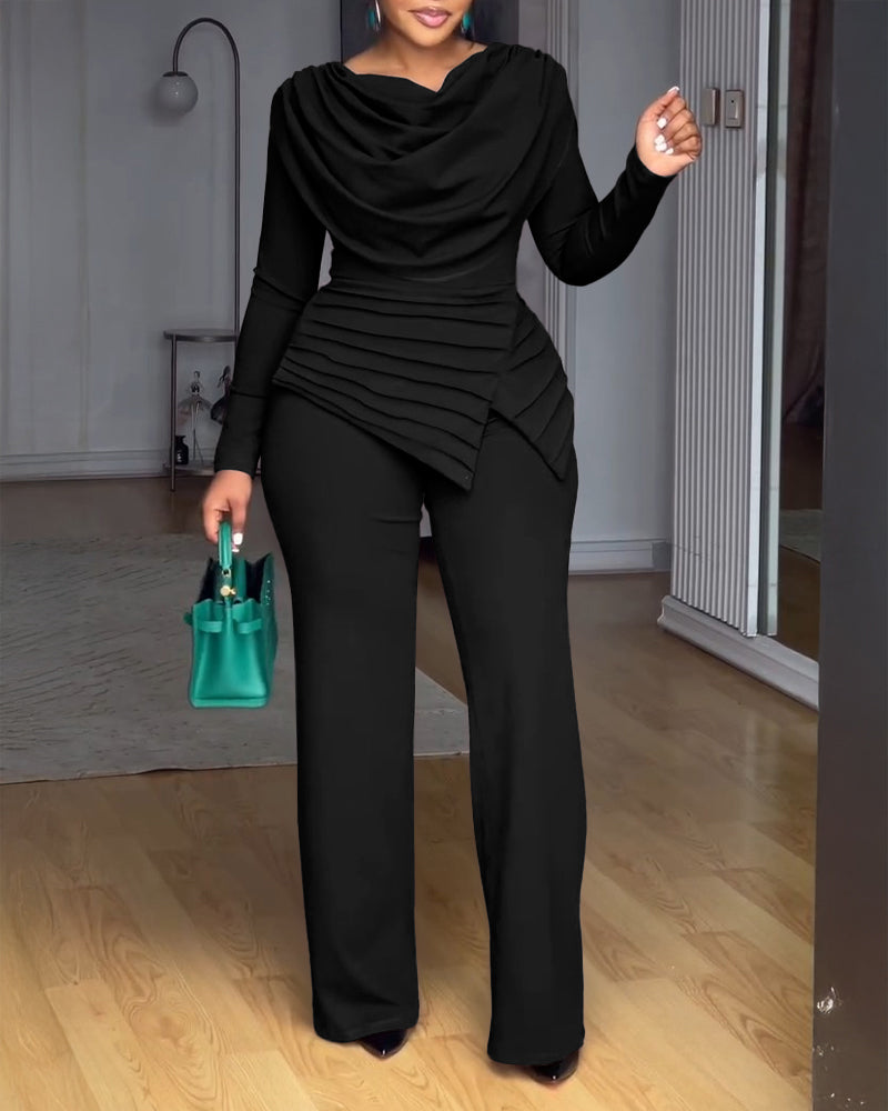 Cowl Neck Asymmetrical Cinched Waist Wide Leg Zippered Jumpsuit