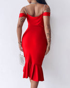 Pearl-Strap Cowl Neck Bodycon Dress with Ruffled Hem