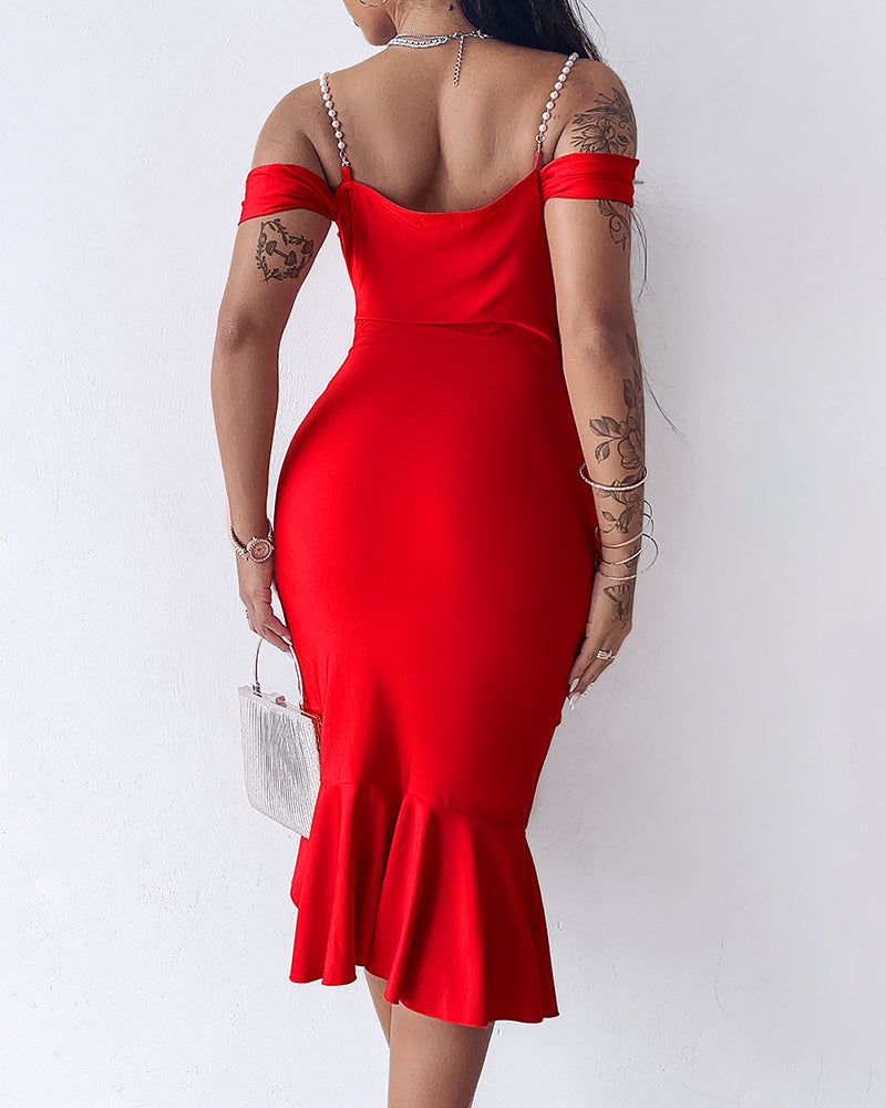 Pearl-Strap Cowl Neck Bodycon Dress with Ruffled Hem