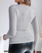 U-Neck Long-Sleeve Tee with Integrated Bra: High-Stretch Knit Top