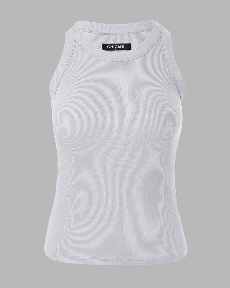 Round Neck Ribbed Tank Top with Integrated Bra
