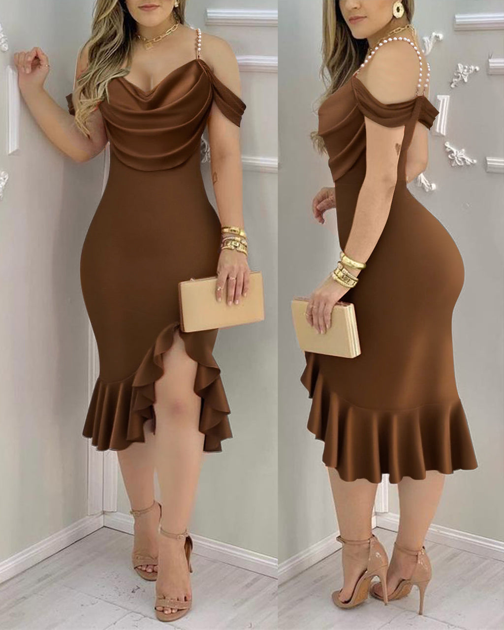 Pearl-Strap Cowl Neck Bodycon Dress with Ruffled Hem