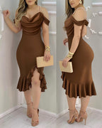 Pearl-Strap Cowl Neck Bodycon Dress with Ruffled Hem