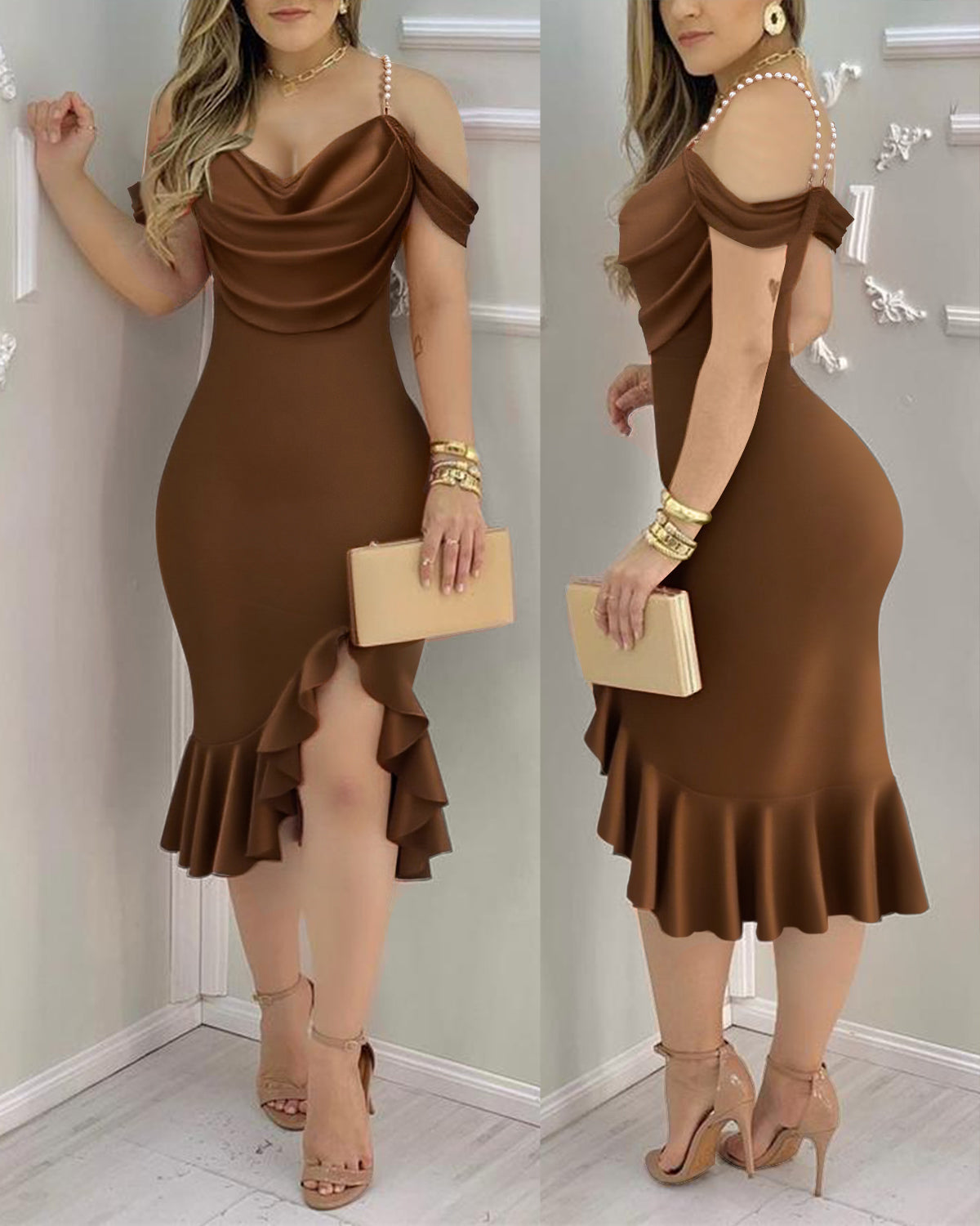 Pearl-Strap Cowl Neck Bodycon Dress with Ruffled Hem
