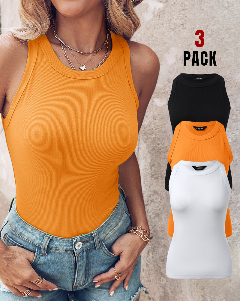 3-Pack Knit Racerback Tank Tops, Round Neck, Thick Straps