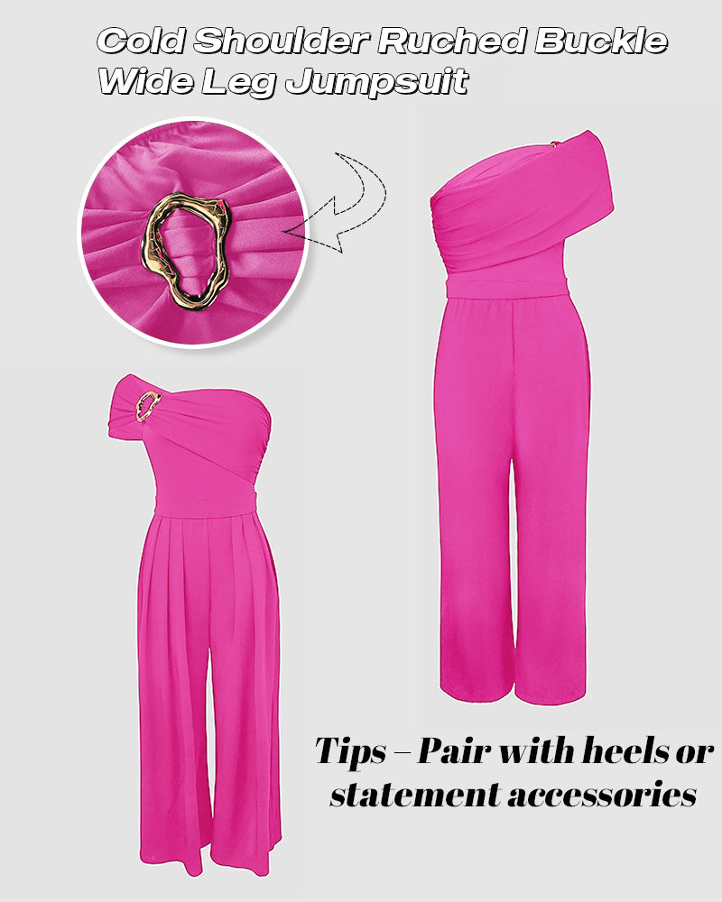 Buckled Cold Shoulder Ruched Wide-Leg Fashion Jumpsuit