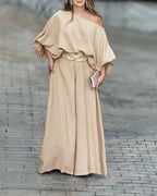 Lantern Sleeve Top and Wide Leg Pants Set with Zipper