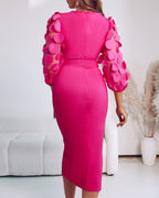 3D Polka Dot Mesh Lantern Sleeve Mid-Length Office Dress