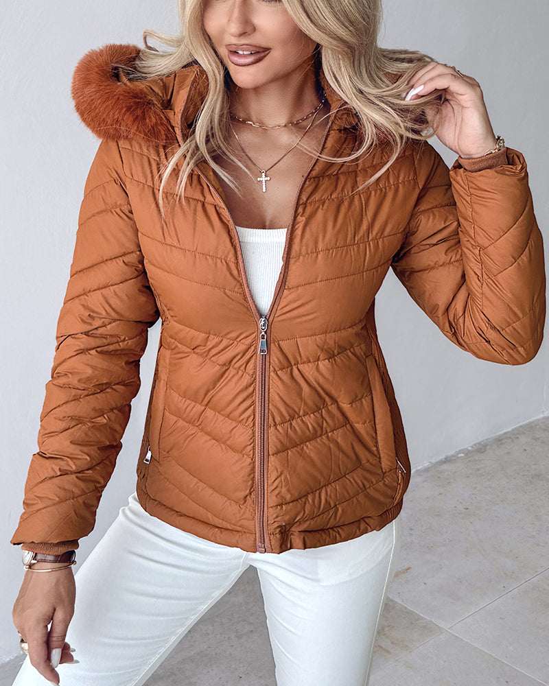 Fuzzy Trim Hooded Puffer Jacket with Shirred Zipper Pockets