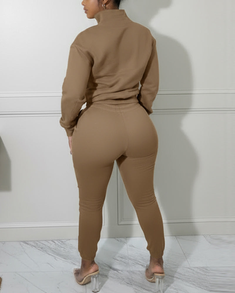 2-Piece Half-Zip High Neck Top and Drawstring Joggers Set