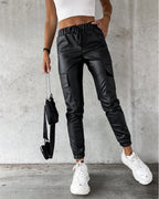 Drawstring PU Leather Pants with Elastic Waist, Cuffs, and Pocket