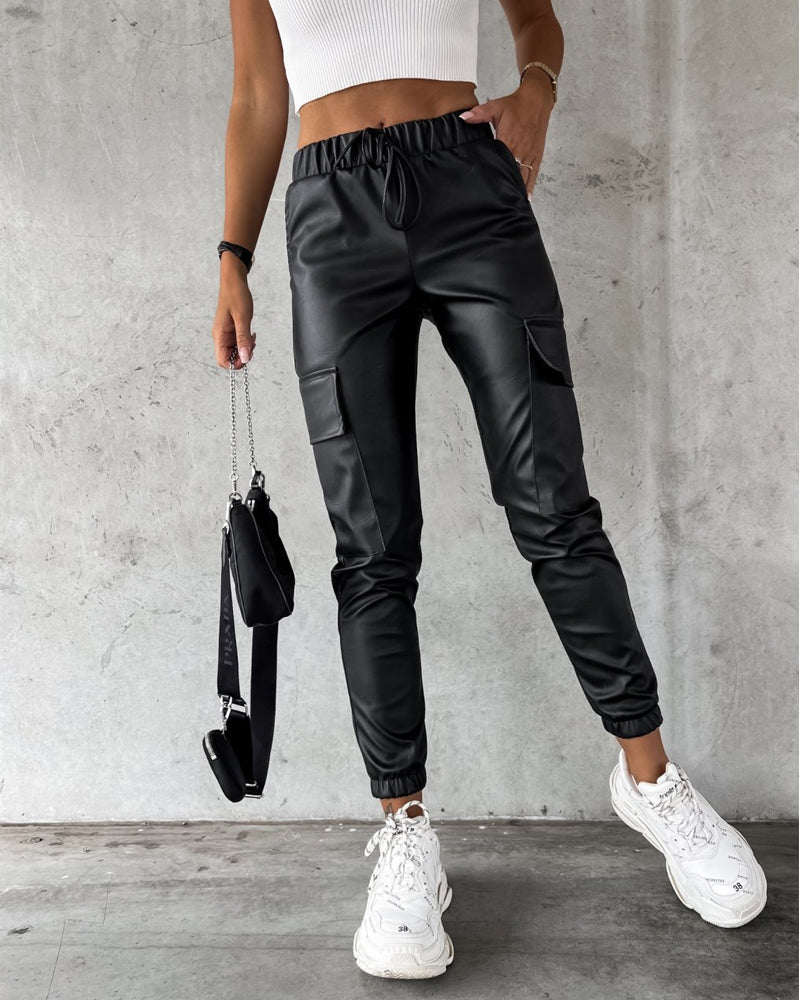 Drawstring PU Leather Pants with Elastic Waist, Cuffs, and Pocket