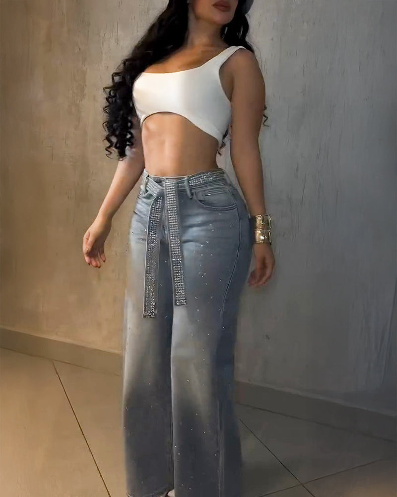 High-Waist Flared Jeans with Rhinestone Details and Decorative Belt