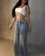High-Waist Flared Jeans with Rhinestone Details and Decorative Belt