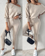 Skew Neck Pullover with High-Waist Drawstring Pants Set