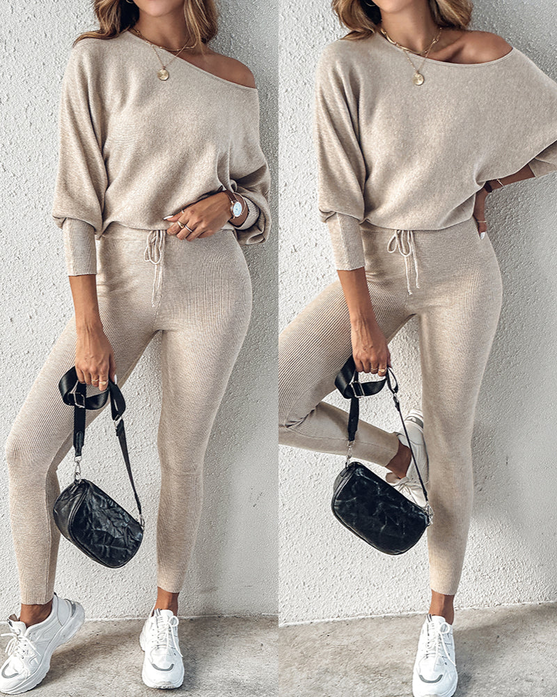 Skew Neck Pullover with High-Waist Drawstring Pants Set
