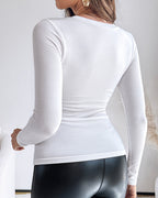 Built-In Bra U-Neck Tee Long Sleeve Stretchy Knit Top