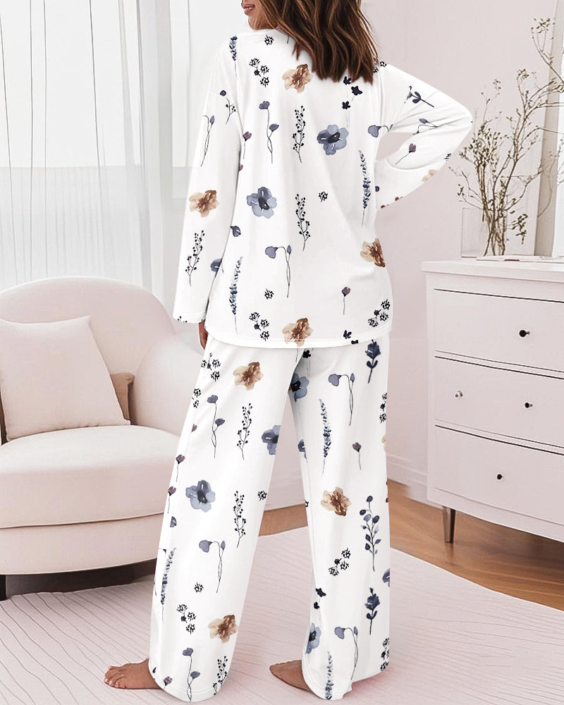 Floral Print Long-Sleeve Top and Pants Casual PJ Set