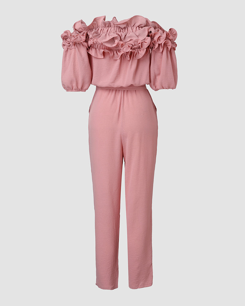 Off-Shoulder Frill Trim Textured Jumpsuit with Tie Waist