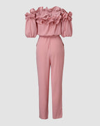 Off-Shoulder Frill Trim Textured Jumpsuit with Tie Waist