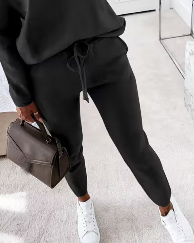 2-Piece Asymmetrical Neck Sweater and Drawstring Slim-Fit Pants Set