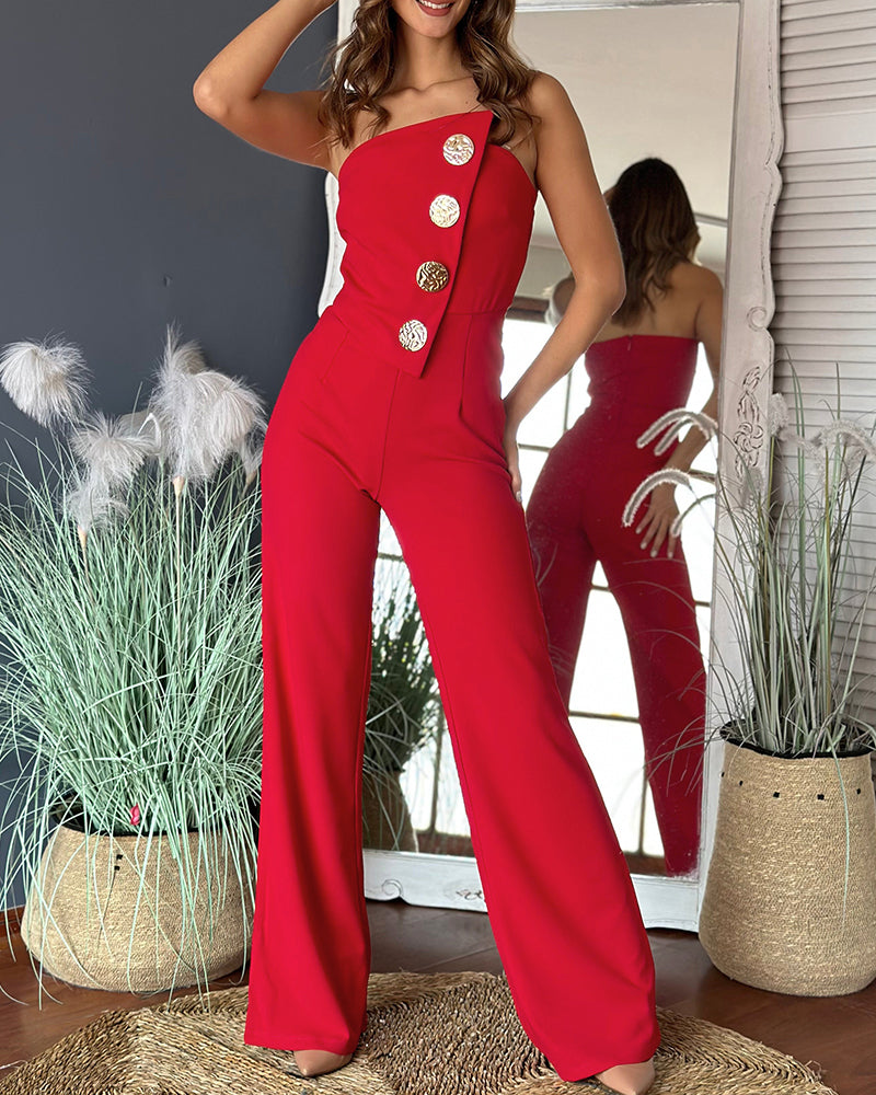 Asymmetrical Strapless Overalls with Metal Button Accents