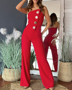 Asymmetrical Strapless Overalls with Metal Button Accents