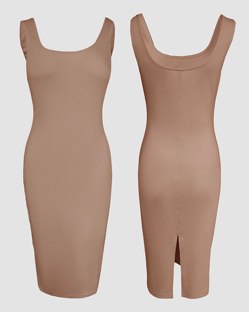 2-Piece U-Neck Tank Dress with Pearl-Button Baseball Coat Set