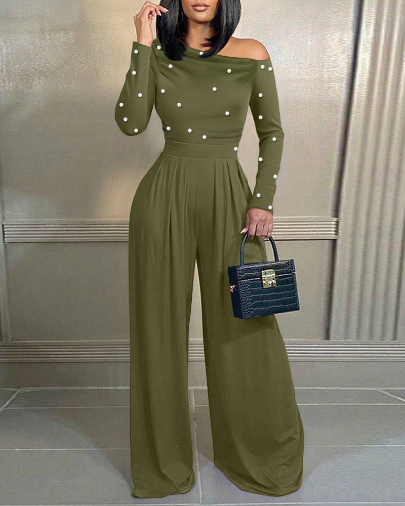 Pearl-Adorned Asymmetrical Neck Ruched Jumpsuit with Cinched Waist