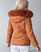 Fuzzy Trim Hooded Puffer Jacket with Shirred Zipper Pockets