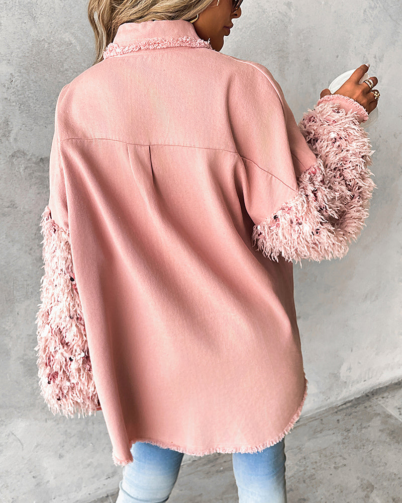 Collared Denim Coat with Sequins, Fuzzy Trim, and Pockets