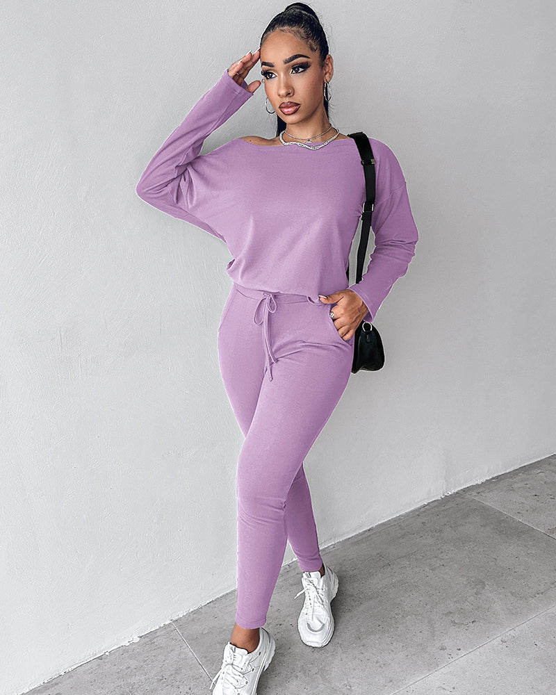 2-Piece Asymmetrical Neck Sweater and Drawstring Slim-Fit Pants Set